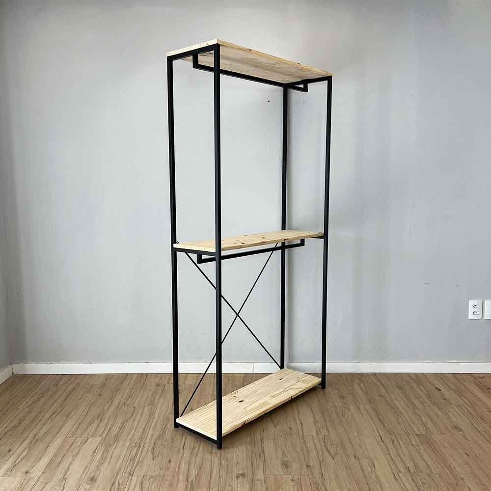05 arara de roupas ferro e madeira industrial twice style ample natural e preto