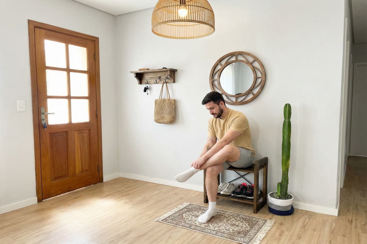 homem sentado na sapateira em hall de entrada calcando o tenis