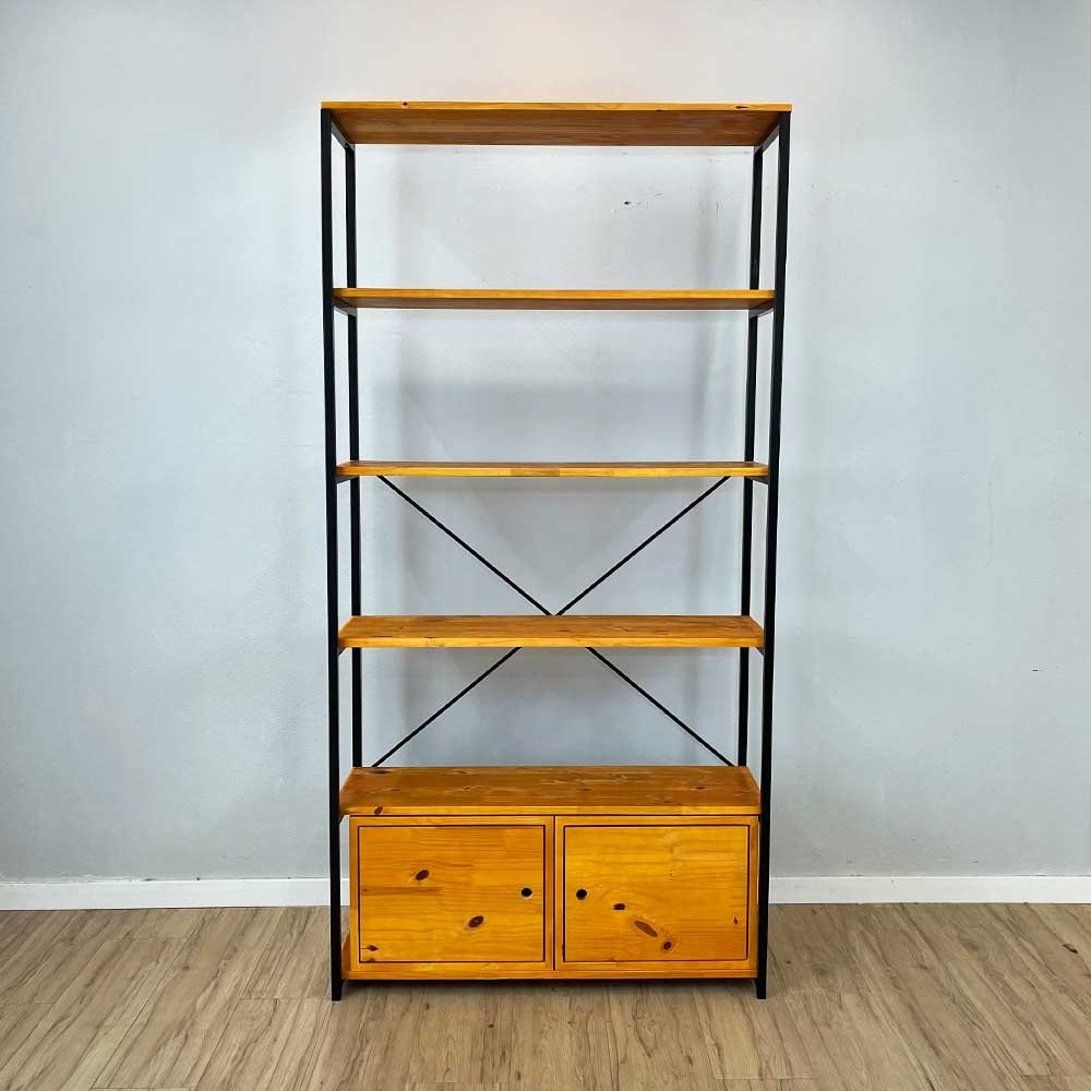estante industrial de ferro e madeira style ample 6 prateleiras 2 nichos com porta carvalho e preto6
