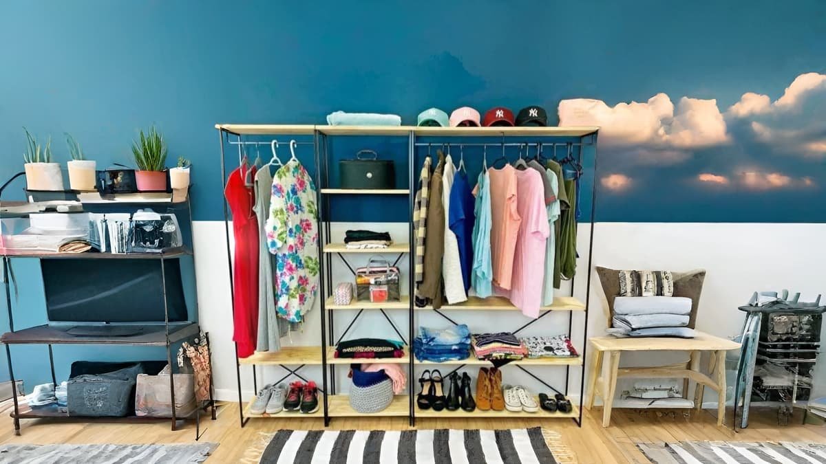 arara de roupas feita com madeira e ferro