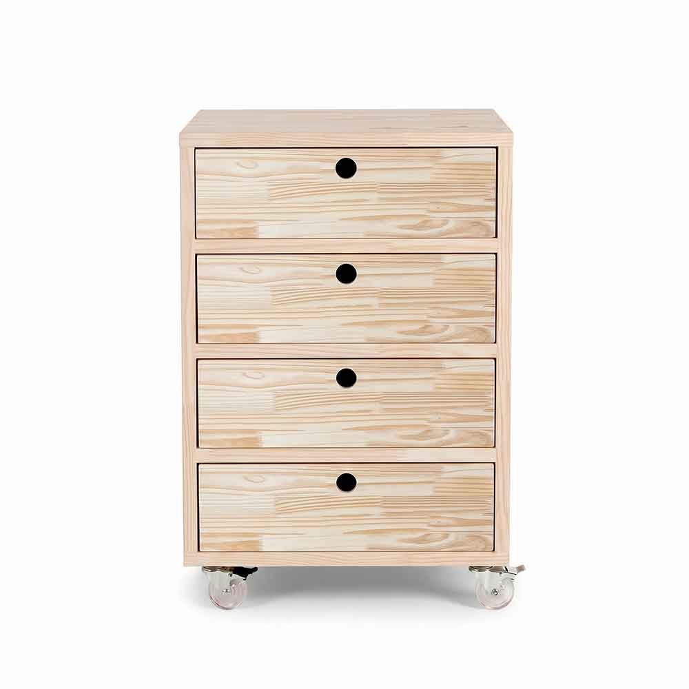 01 mesa auxiliar de madeira linea com 4 gavetas com rodinha de silicone natural