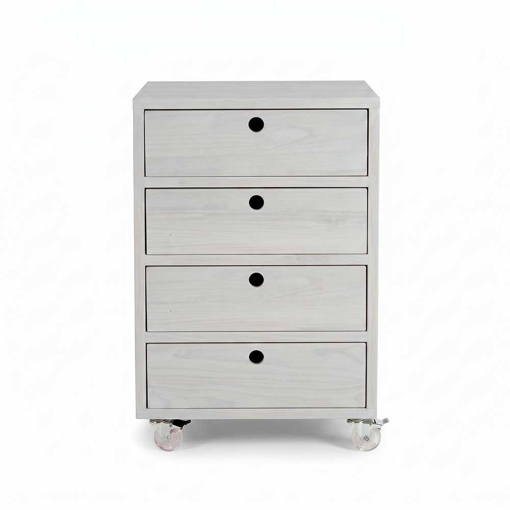 mesa auxiliar de madeira linea com 4 gavetas com rodinha de silicone branco