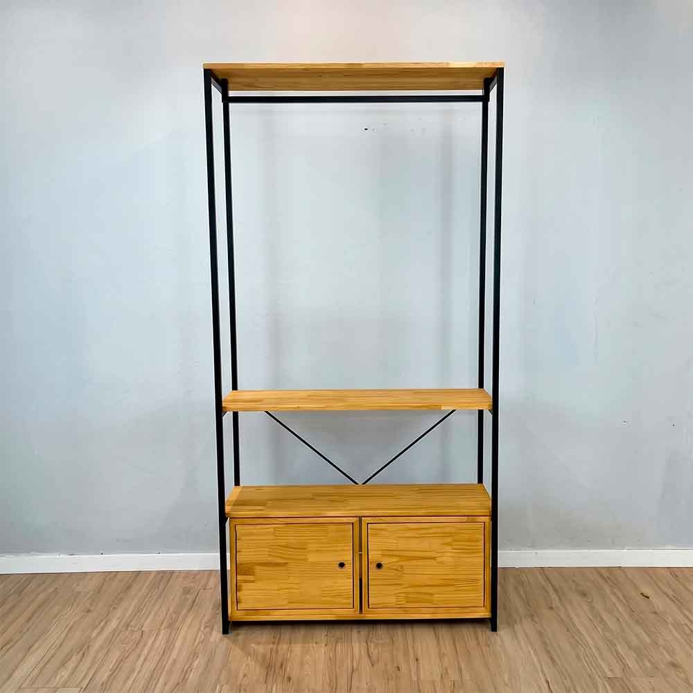 arara de roupas industrial ferro e madeira 2 nichos com porta high style ample nozes e preto1