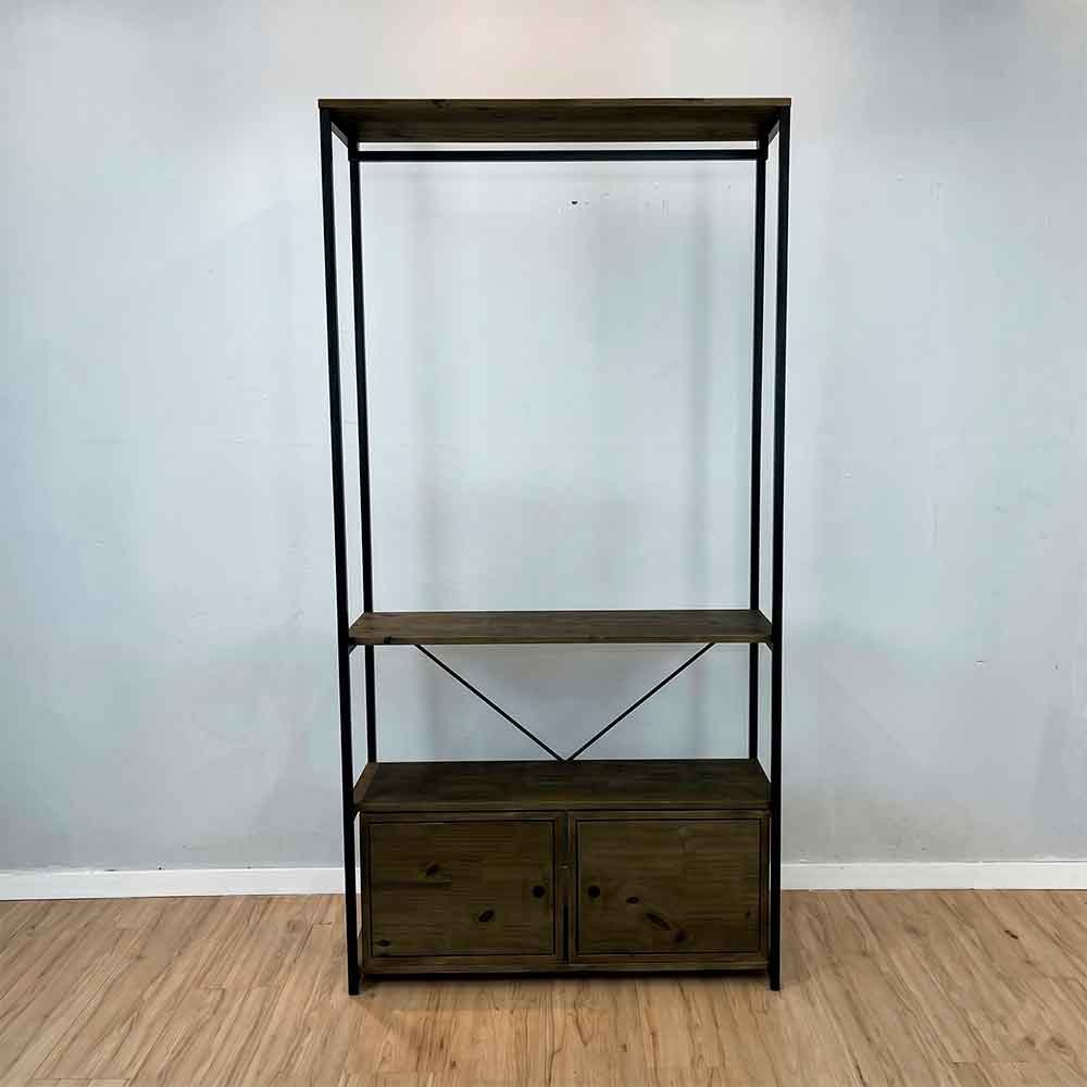 arara de roupas industrial ferro e madeira 2 nichos com porta middle style ample tabaco e preto1