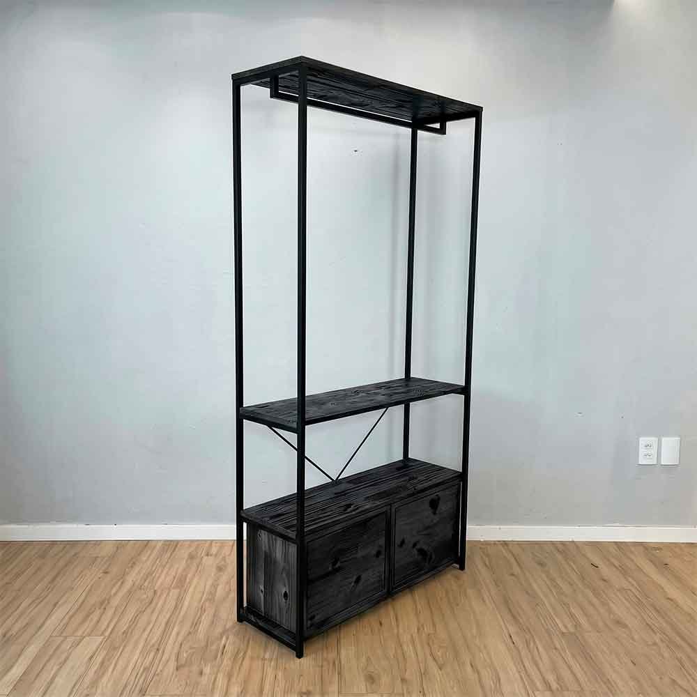 arara de roupas industrial ferro e madeira 2 nichos com porta high style ample preto2