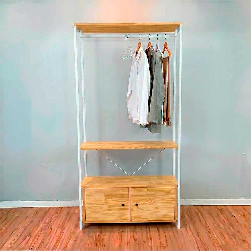 arara de roupas industrial ferro e madeira 2 nichos com porta high style ample nozes e branco3