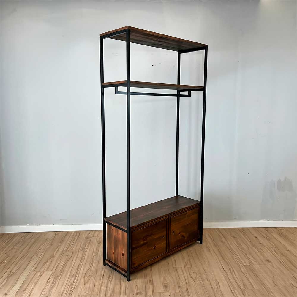 arara de roupas industrial ferro e madeira 2 nichos com porta middle style ample tabaco e preto2
