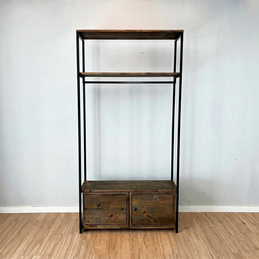 arara de roupas industrial ferro e madeira 2 nichos com porta middle style ample tabaco e preto