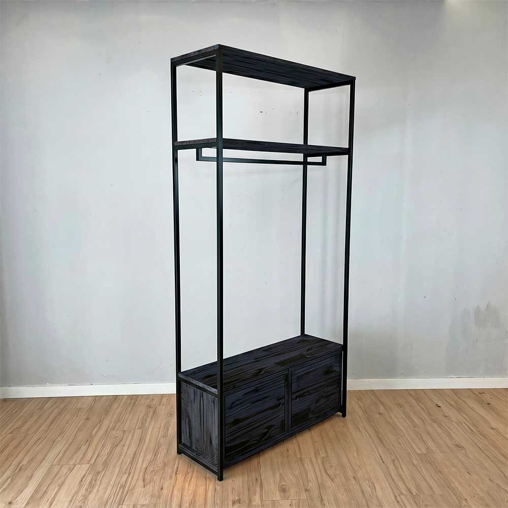 arara de roupas industrial ferro e madeira 2 nichos com porta middle style ample preto2