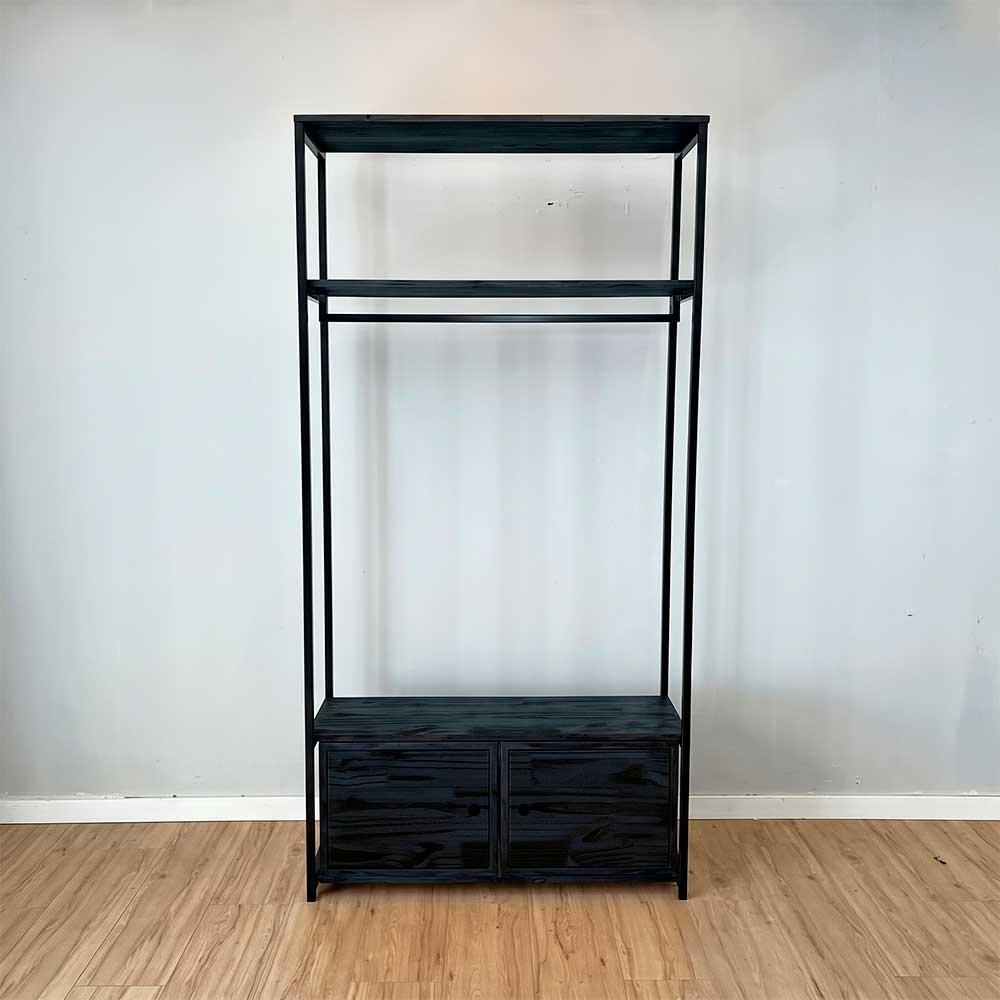 arara de roupas industrial ferro e madeira 2 nichos com porta middle style ample preto1