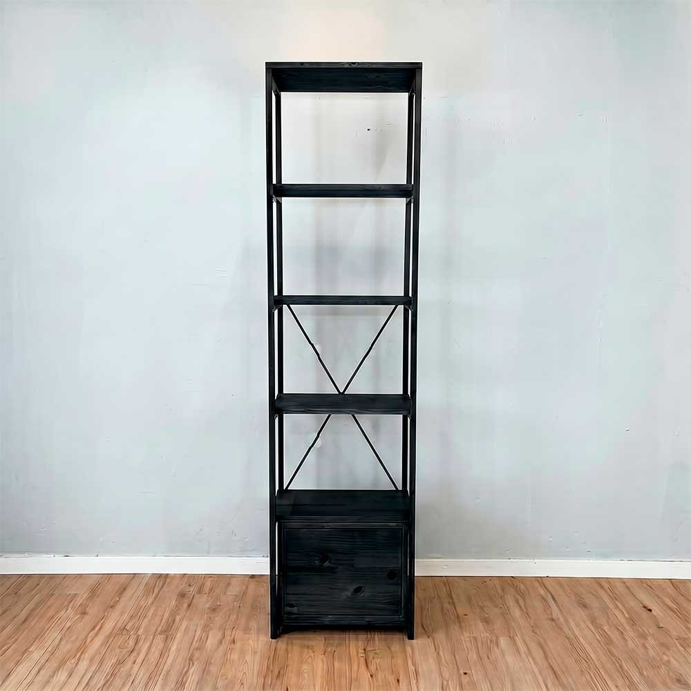estante industrial de ferro madeira style slim 6 prateleiras com 1 nicho com porta preto1