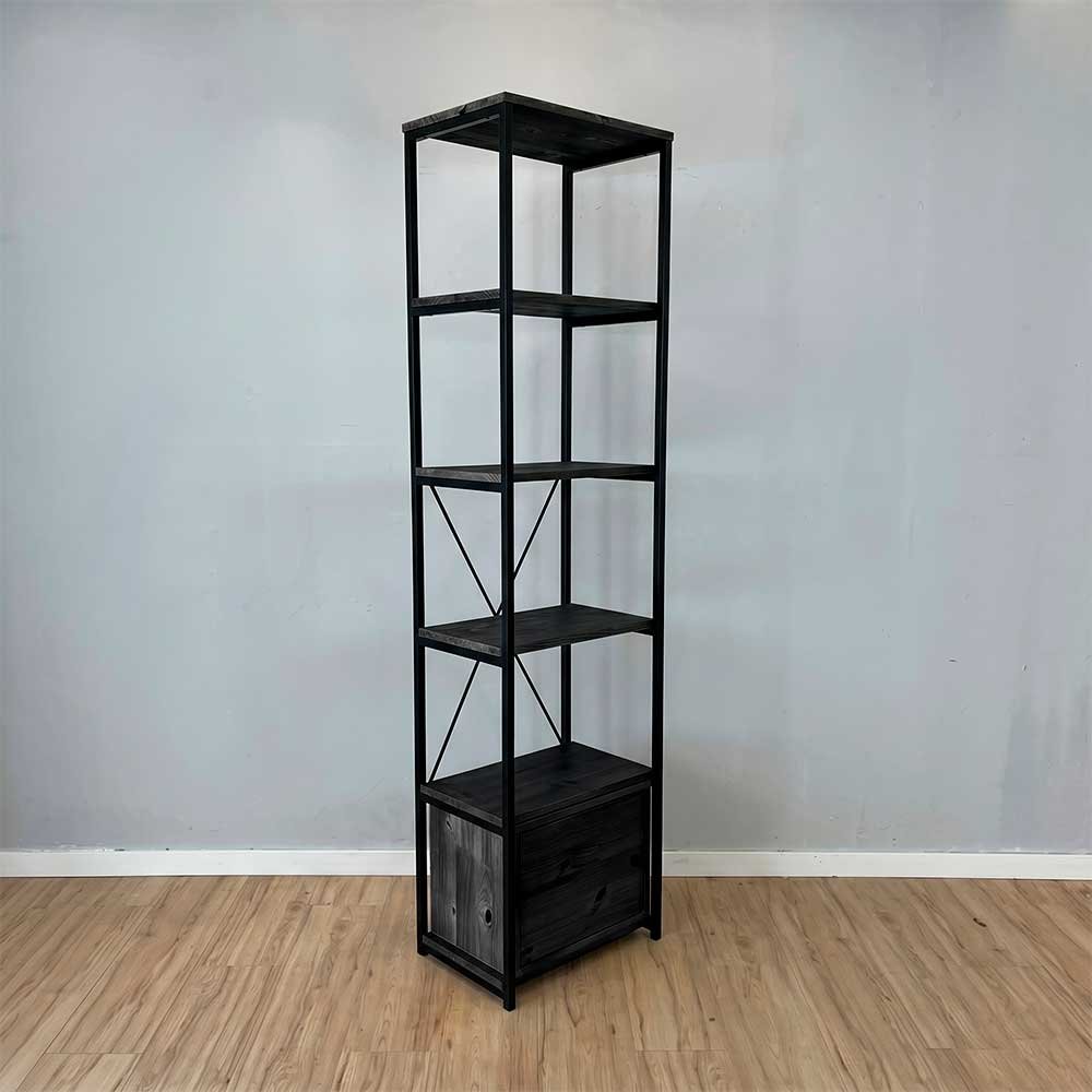 estante industrial de ferro madeira style slim 6 prateleiras com 1 nicho com porta preto2