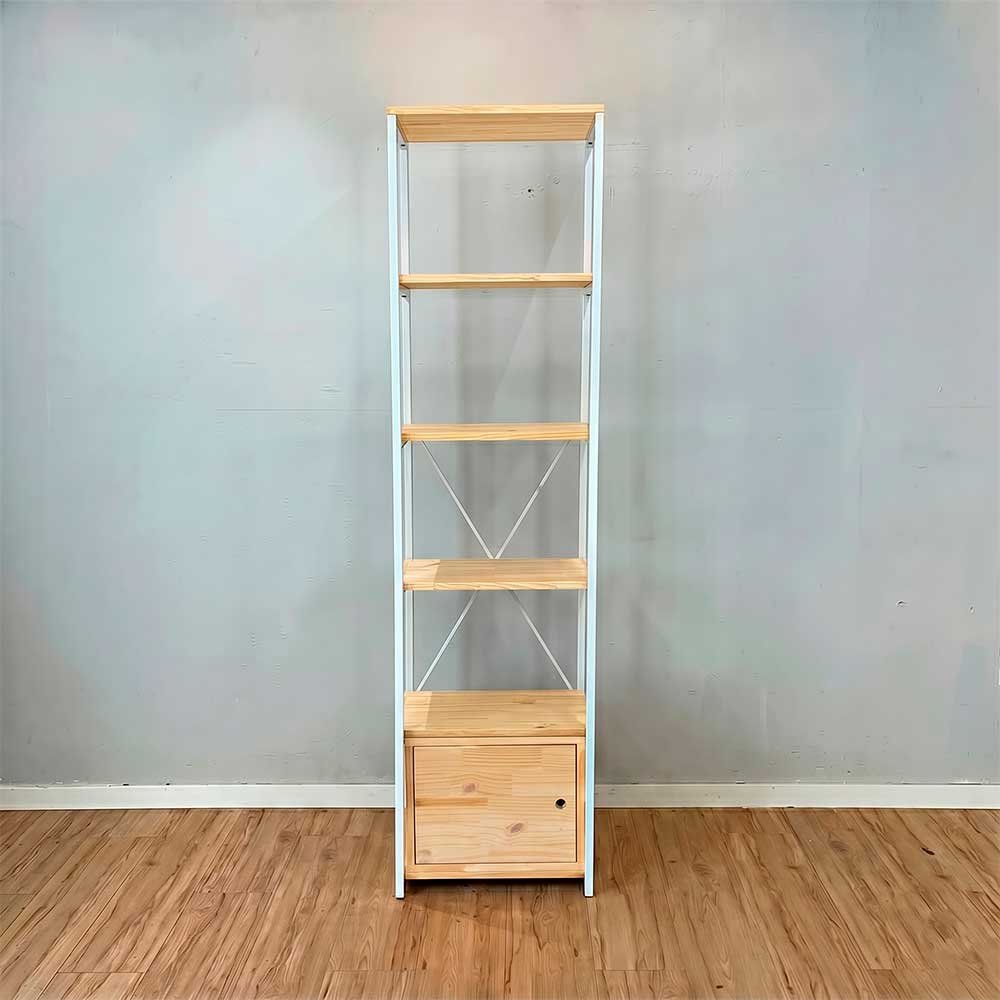 estante industrial de ferro madeira style slim 6 prateleiras com 1 nicho com porta natural e branco1