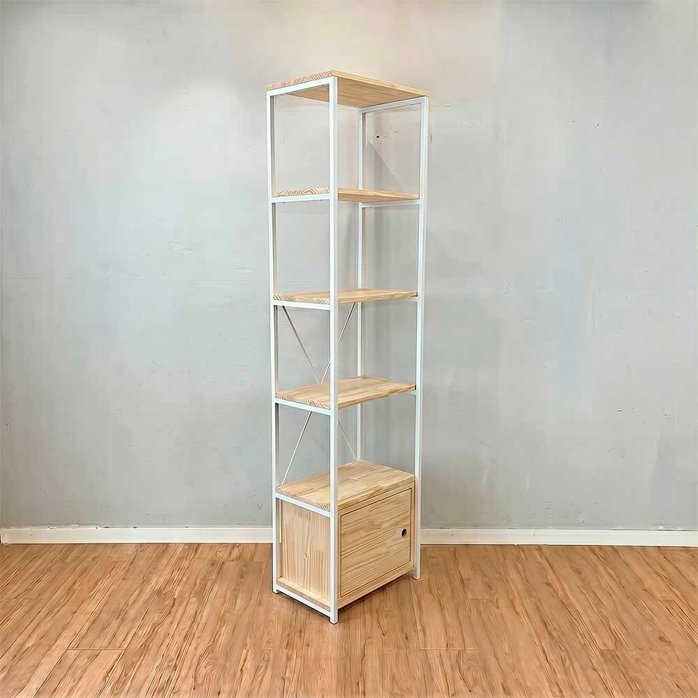 estante industrial de ferro madeira style slim 6 prateleiras com 1 nicho com porta natural e branco2
