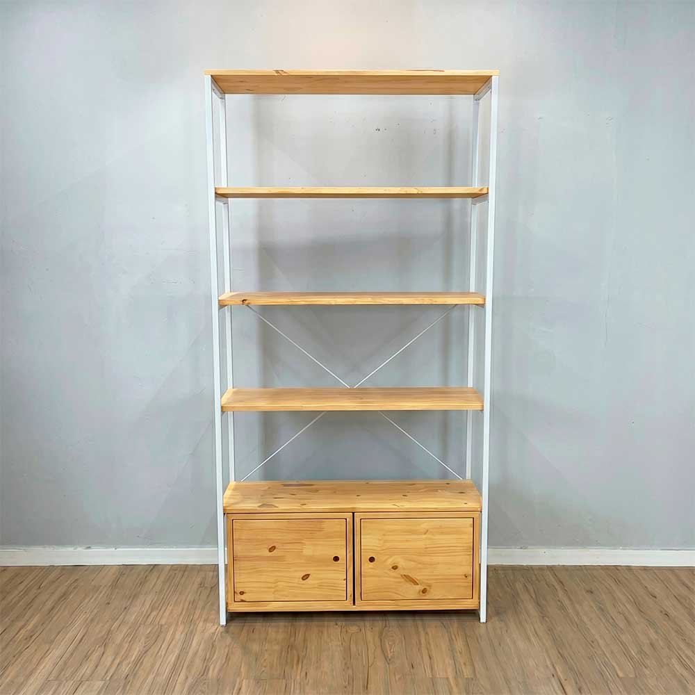 estante industrial de ferro e madeira style ample 6 prateleiras 2 nichos com porta nozes e branco2