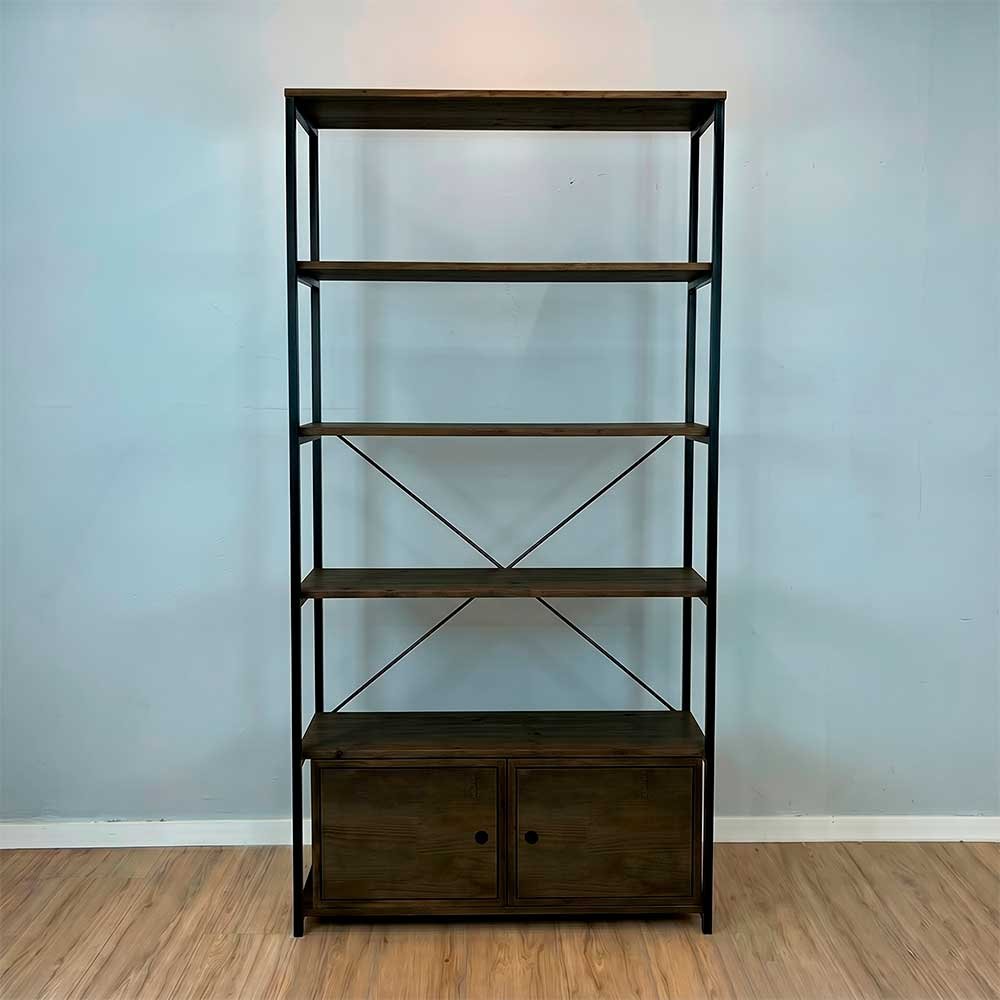 estante industrial de ferro e madeira style ample 6 prateleiras 2 nichos com porta tabaco e preto