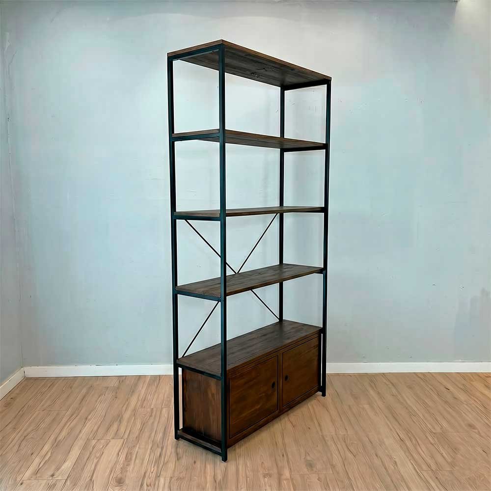 estante industrial de ferro e madeira style ample 6 prateleiras 2 nichos com porta tabaco e preto2