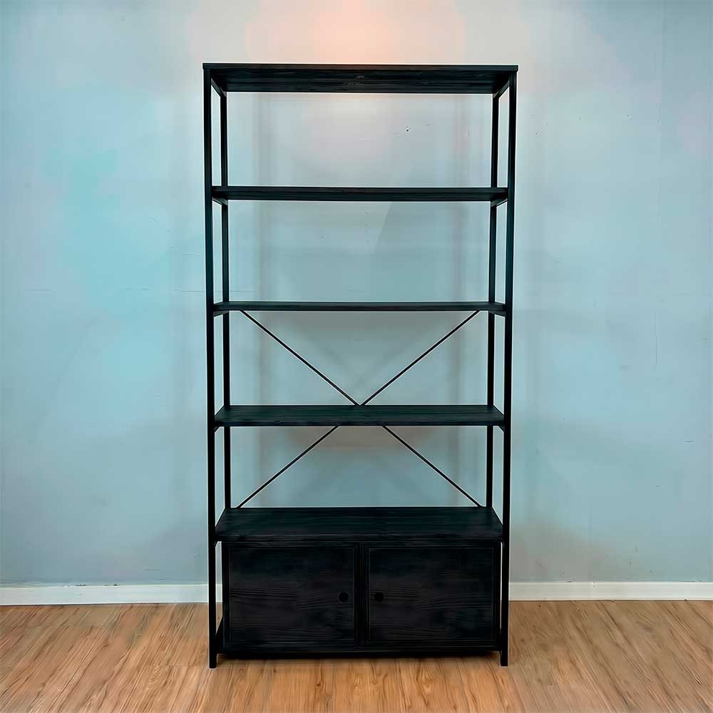 estante industrial de ferro e madeira style ample 6 prateleiras 2 nichos com porta preto1