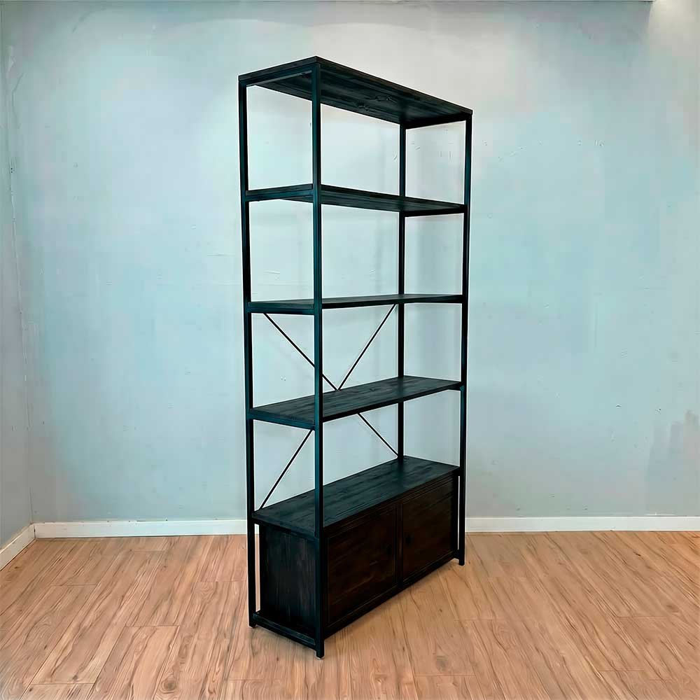 estante industrial de ferro e madeira style ample 6 prateleiras 2 nichos com porta preto2