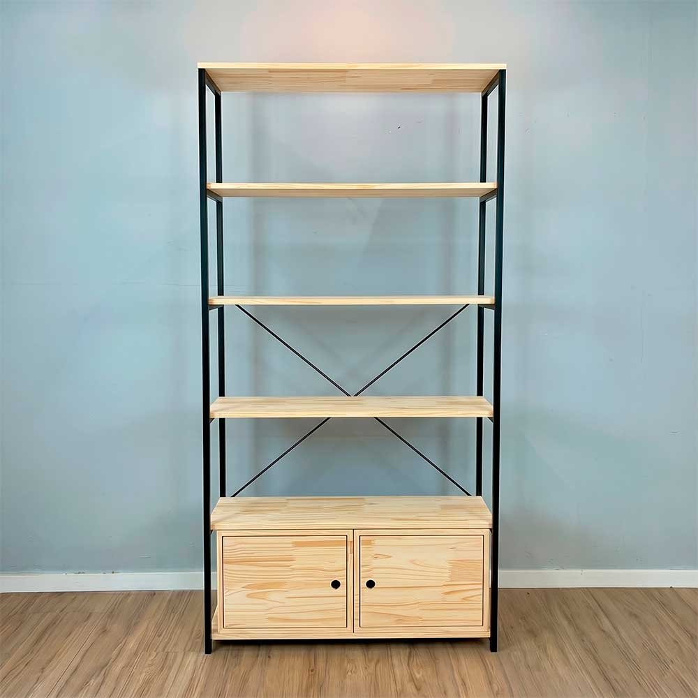 estante industrial de ferro e madeira style ample 6 prateleiras 2 nichos com porta natural e preto1