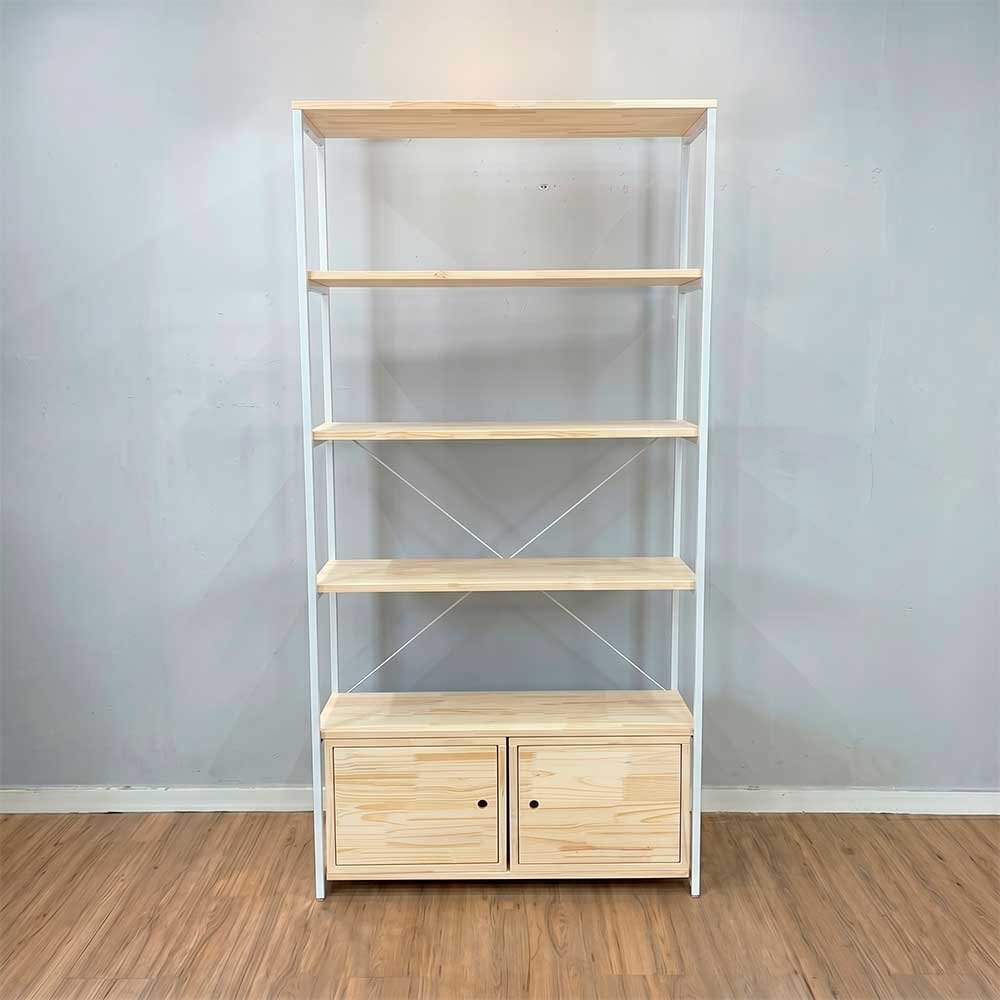 estante industrial de ferro e madeira style ample 6 prateleiras 2 nichos com porta natural e branco1