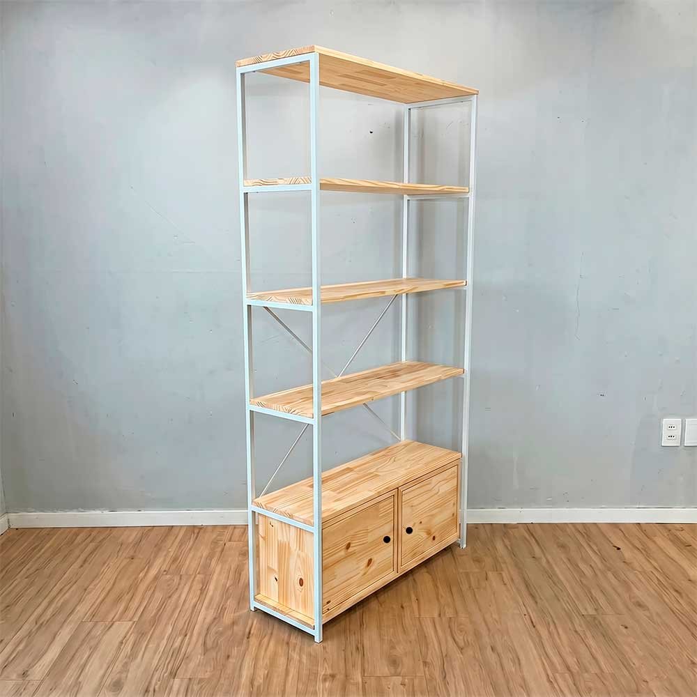 estante industrial de ferro e madeira style ample 6 prateleiras 2 nichos com porta natural e branco2