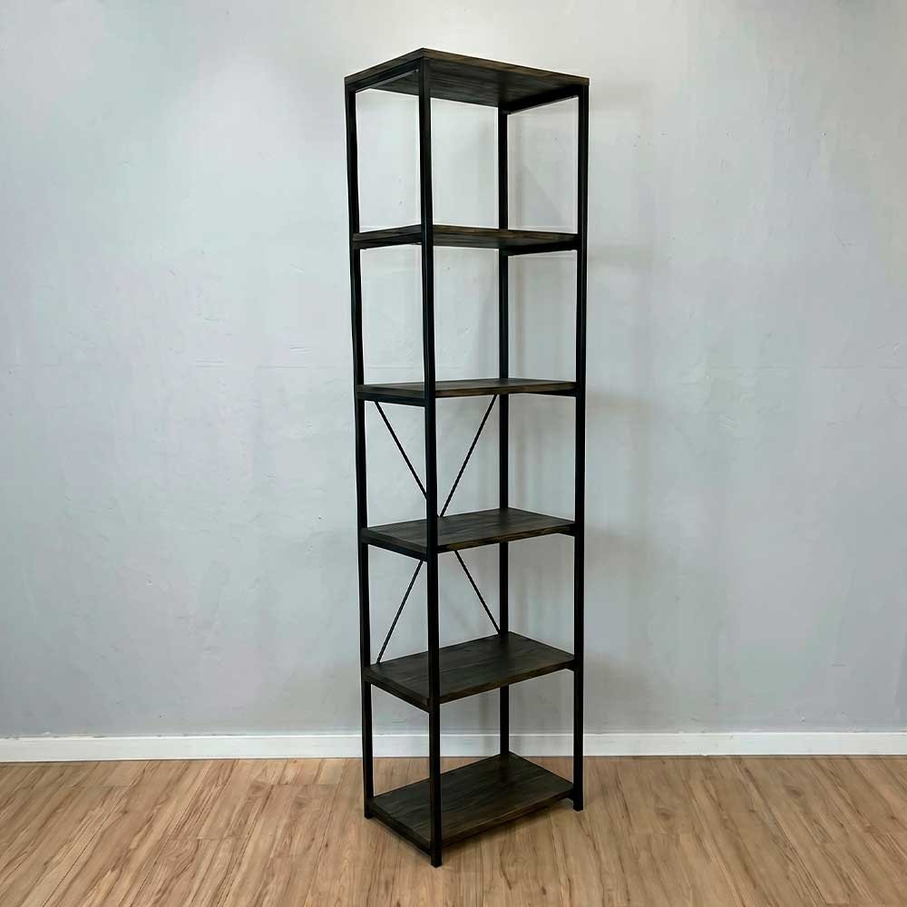 02 estante industrial de ferro e madeira style slim 6 prateleiras tabaco e preto