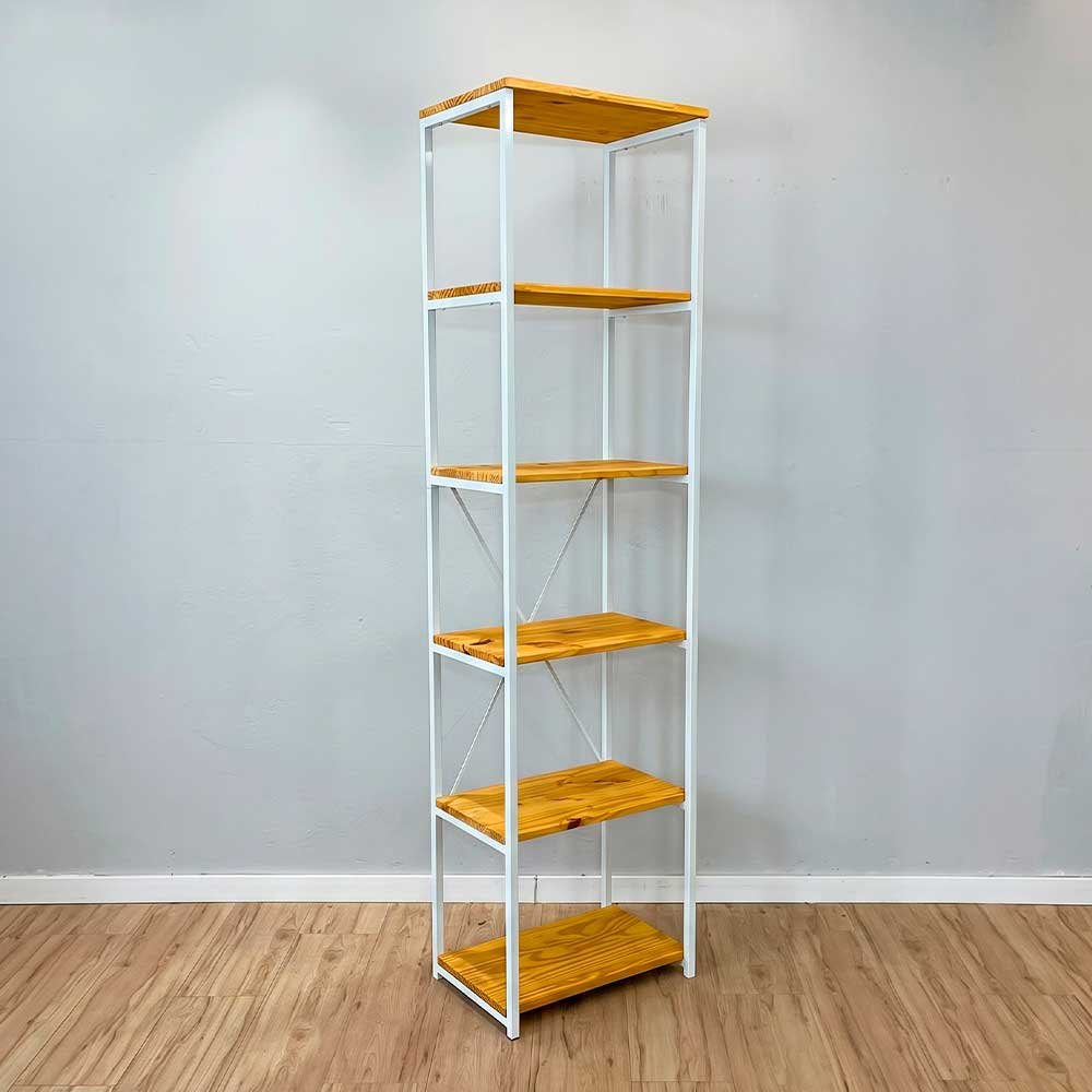 estante industrial de ferro e madeira style slim 6 prateleiras nozes e branco2