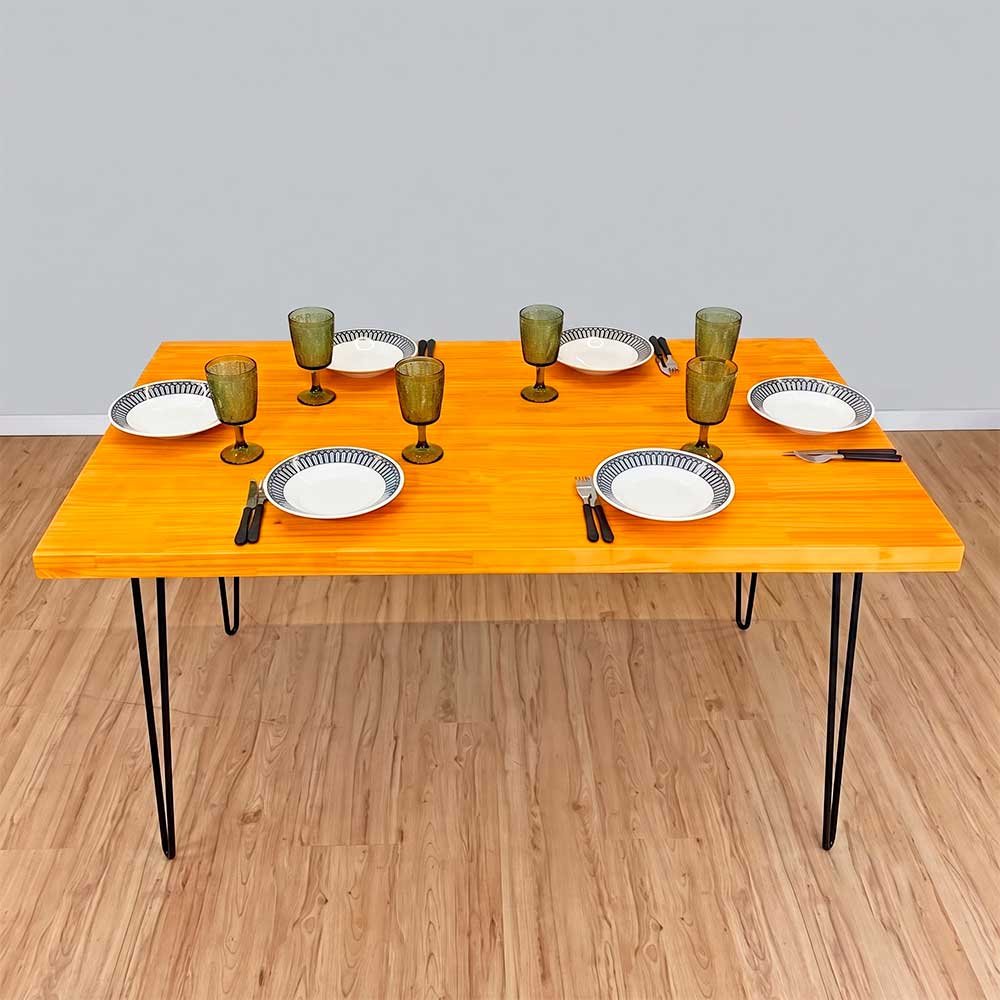 03 mesa de jantar industrial de ferro e madeira hairpin 6 lugares carvalho e preto