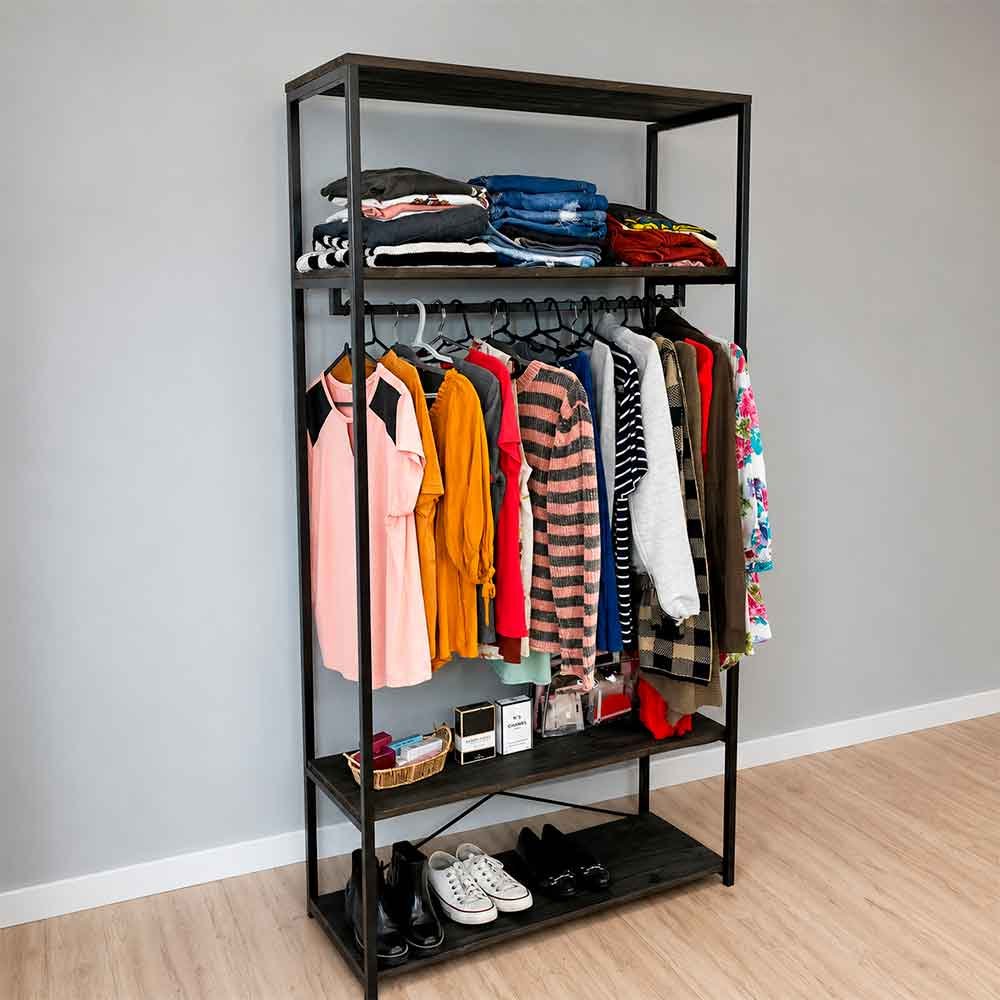 01 arara de roupas ferro e madeira industrial middle style ample tabaco e preto