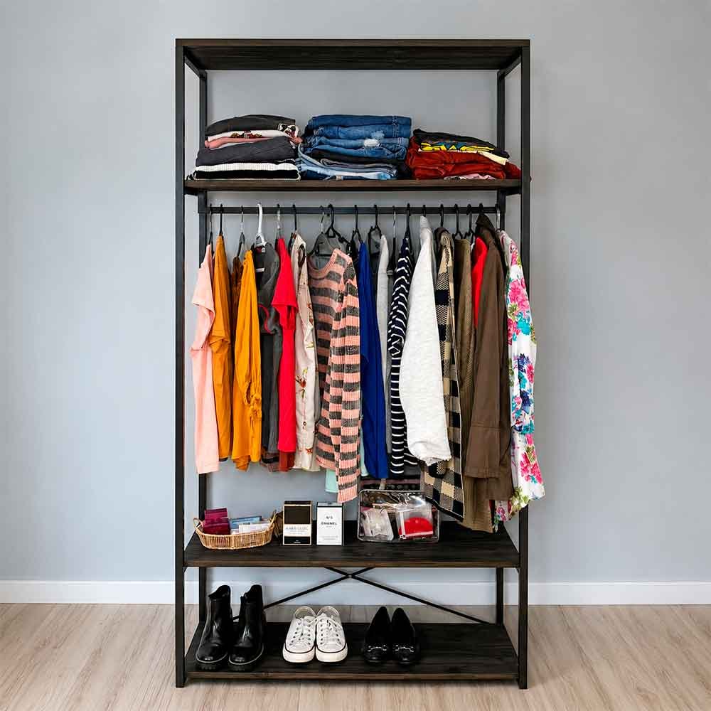 02 arara de roupas ferro e madeira industrial middle style ample tabaco e preto