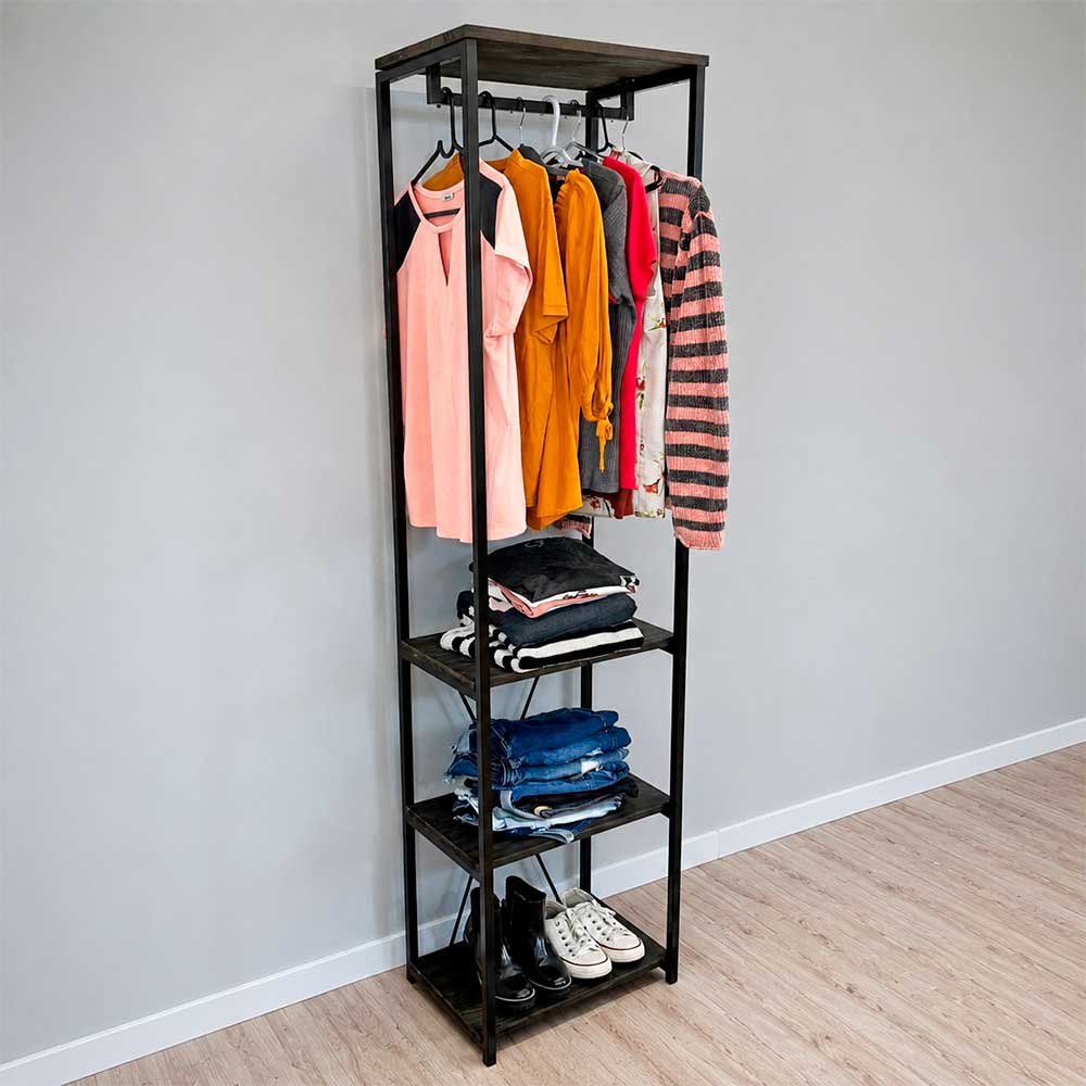 01 arara de roupas industrial ferro e madeira high style slim tabaco e preto