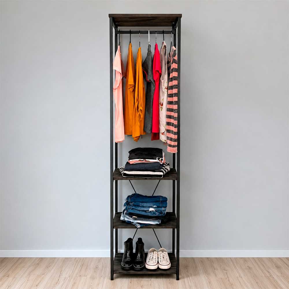02 arara de roupas industrial ferro e madeira high style slim tabaco e preto