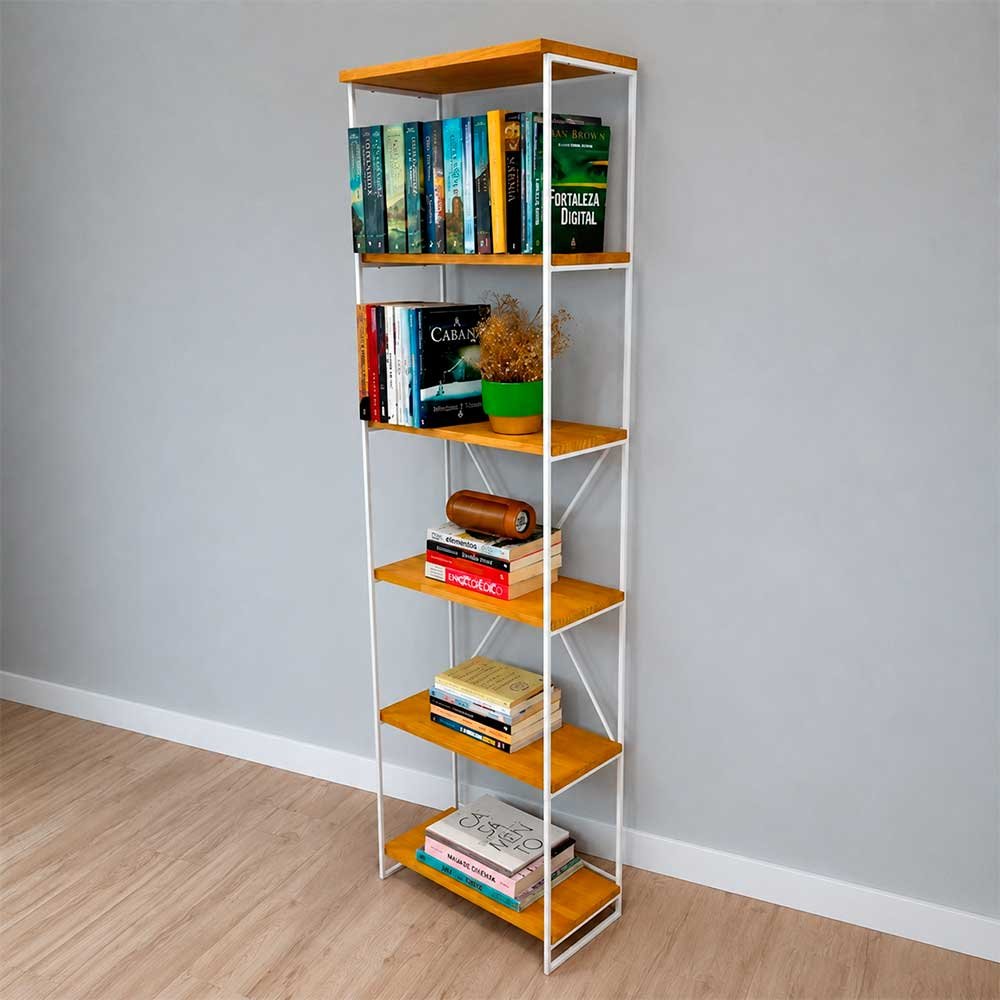 01 estante industrial de ferro e madeira torre slim 6 prateleiras nozes e branco