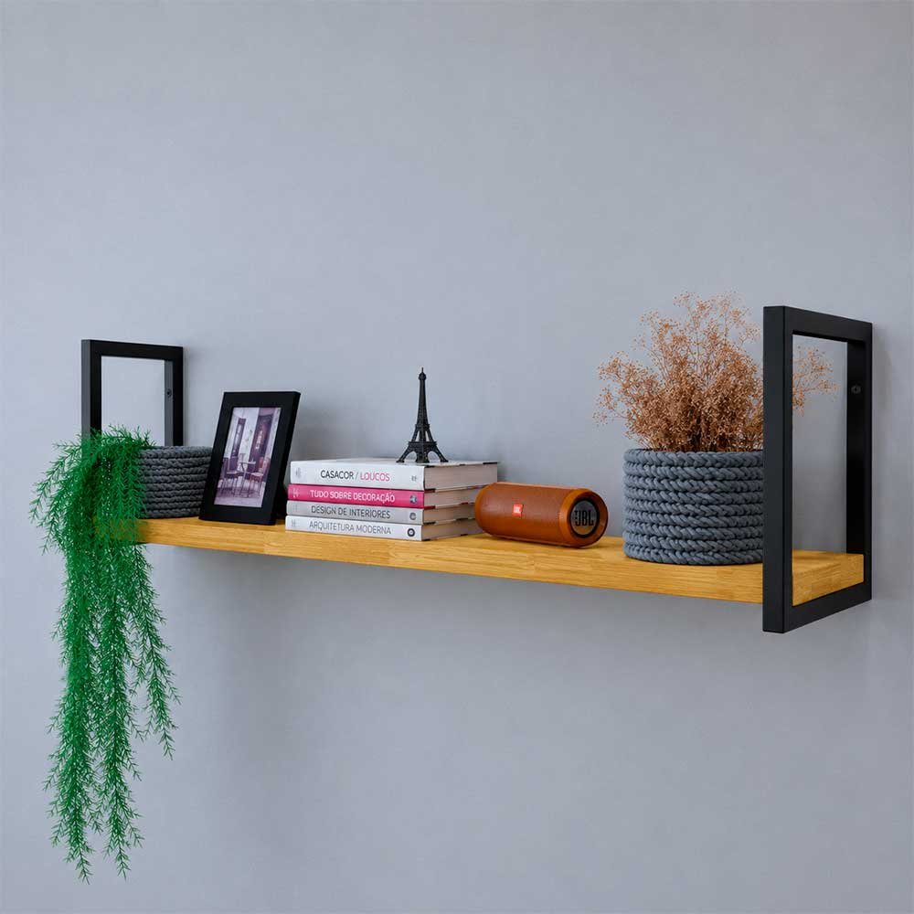 02 prateleira industrial de parede de ferro e madeira style 1 prateleira 120cm nozes e preto