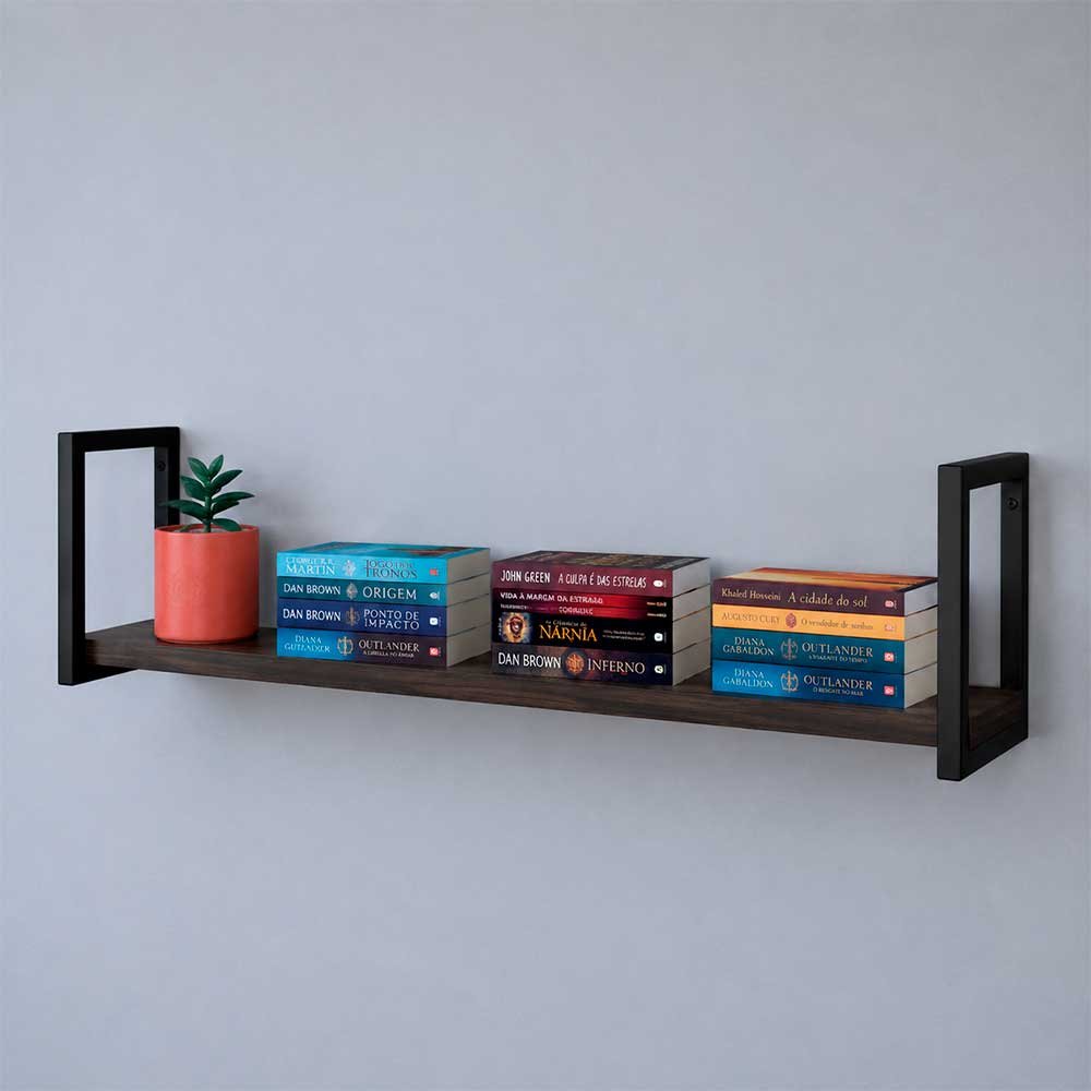 02 prateleira industrial de parede de ferro e madeira style 1 prateleira 120cm tabaco e preto