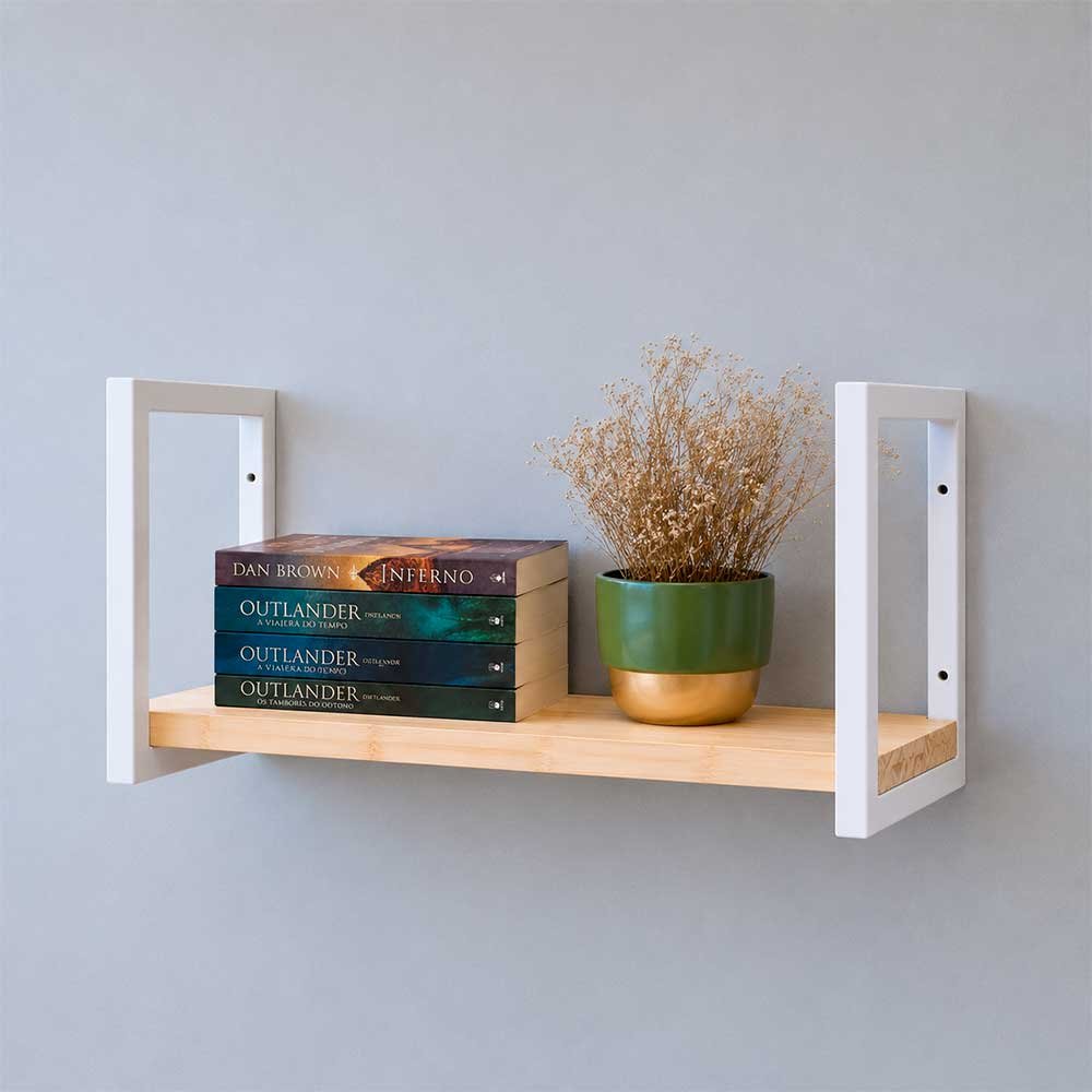 02 prateleira industrial de parede de ferro e madeira style 1 prateleira 60cm natural e branco