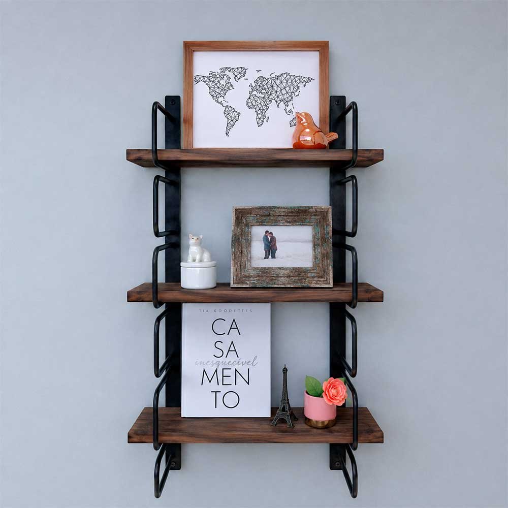 01 prateleira industrial de parede bracket 3 prateleiras 50cm tabaco e preto