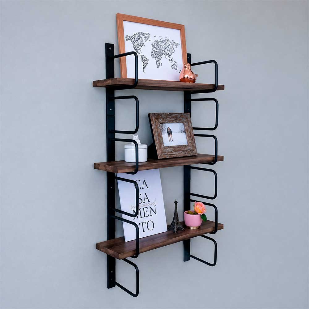 02 prateleira industrial de parede bracket 3 prateleiras 50cm tabaco e preto