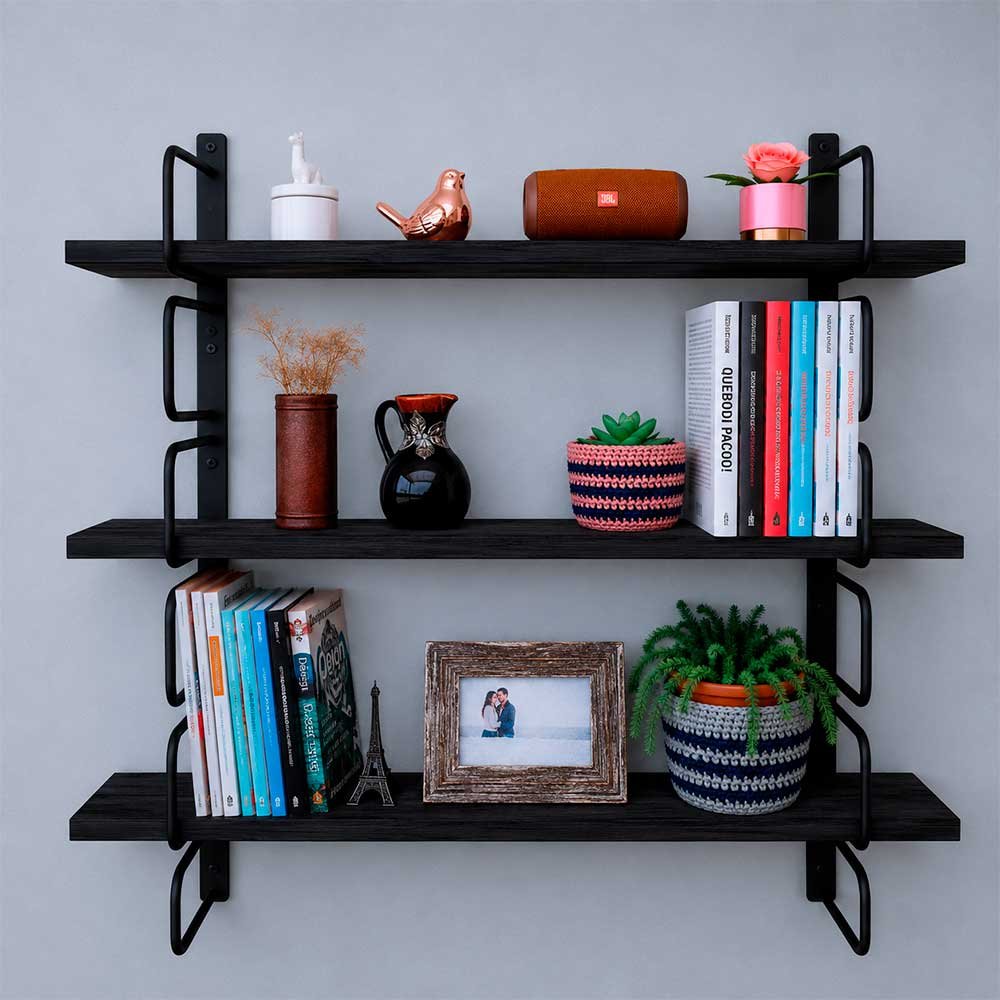 prateleira industrial de parede bracket 3 prateleiras 90cm preto
