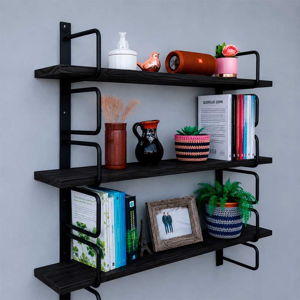 prateleira industrial de parede bracket 3 prateleiras 90cm preto2