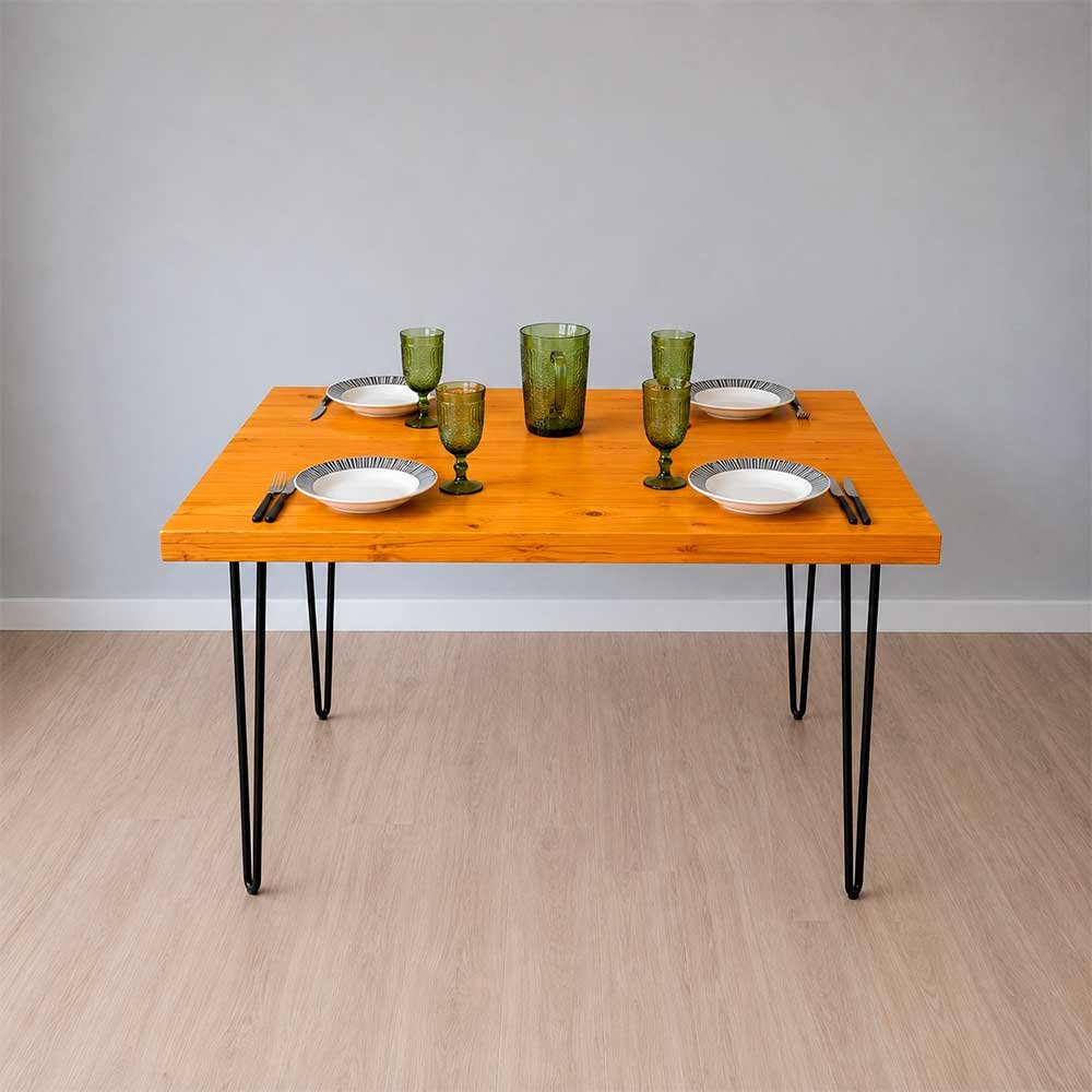 01 mesa de jantar industrial de ferro e madeira hairpin 4 lugares carvalho e preto