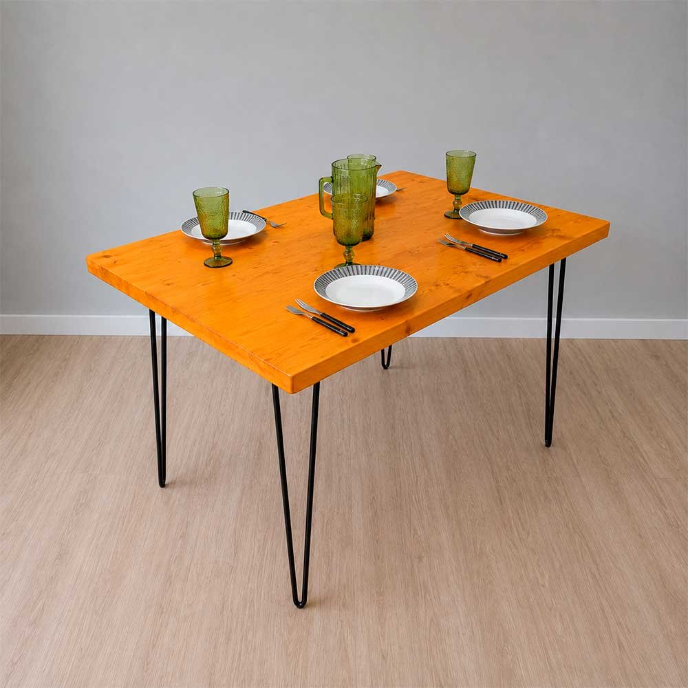 02 mesa de jantar industrial de ferro e madeira hairpin 4 lugares carvalho e preto