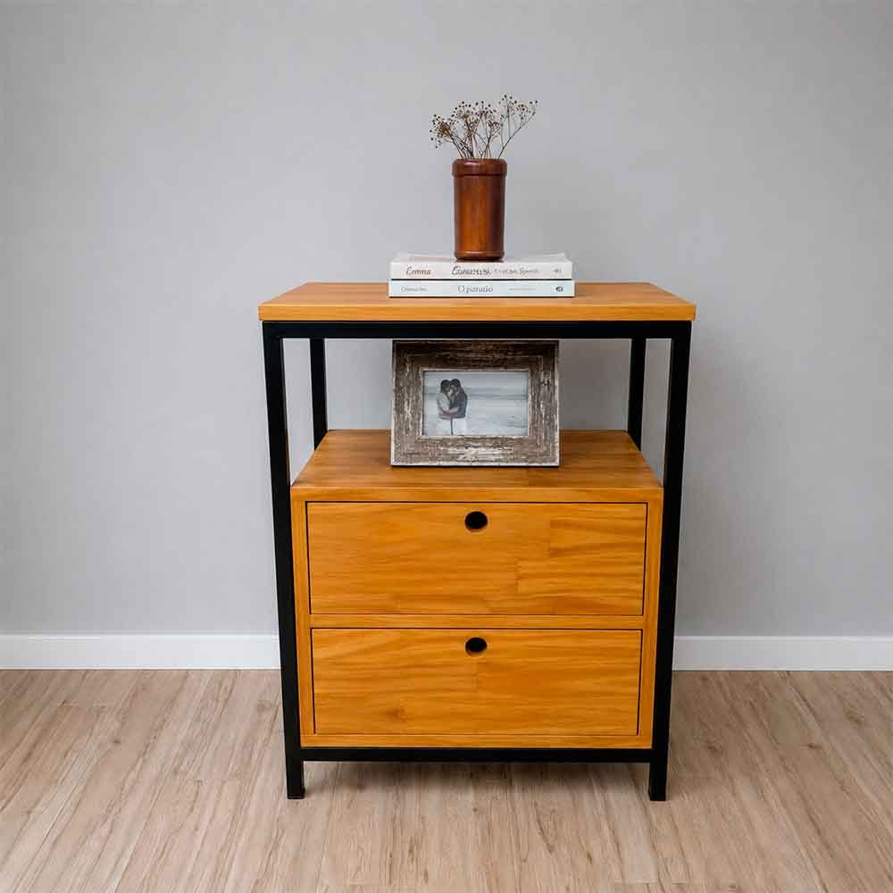 01 mesa de cabeceira style de ferro e madeira com 2 gavetas industrial carvalho e preto