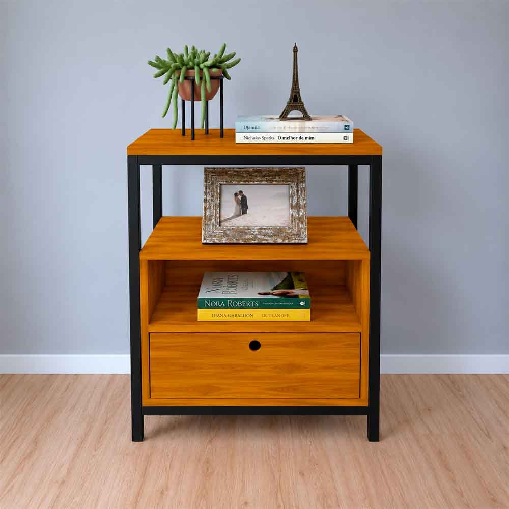 01 mesa de cabeceira style de ferro e madeira com 1 gaveta e 1 prateleira industrial carvalho e preto