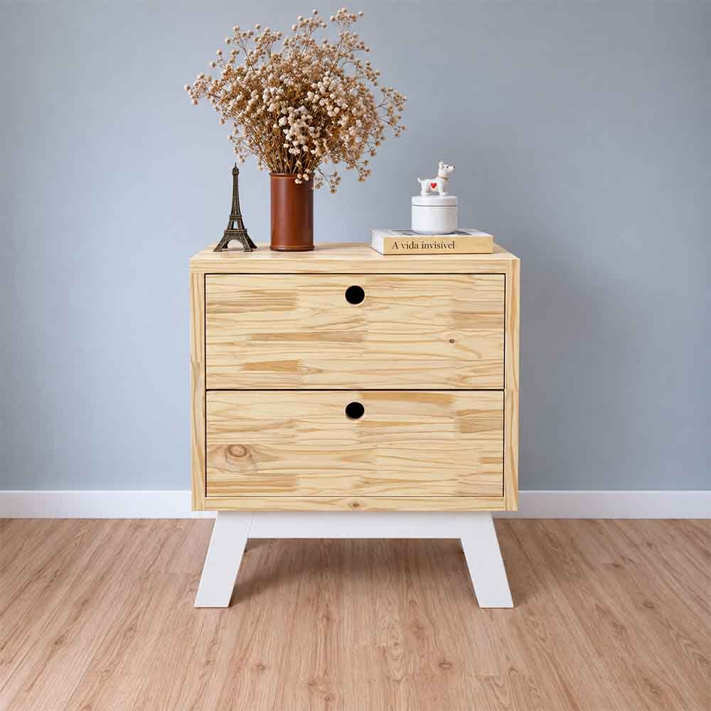 01 mesa de cabeceira de madeira gaveteiro dual woods natural e branco