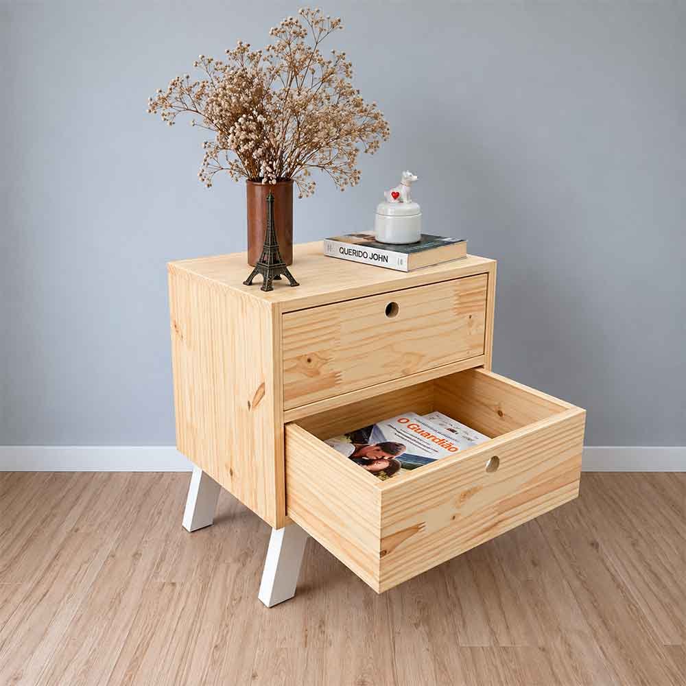 02 mesa de cabeceira de madeira gaveteiro dual woods natural e branco