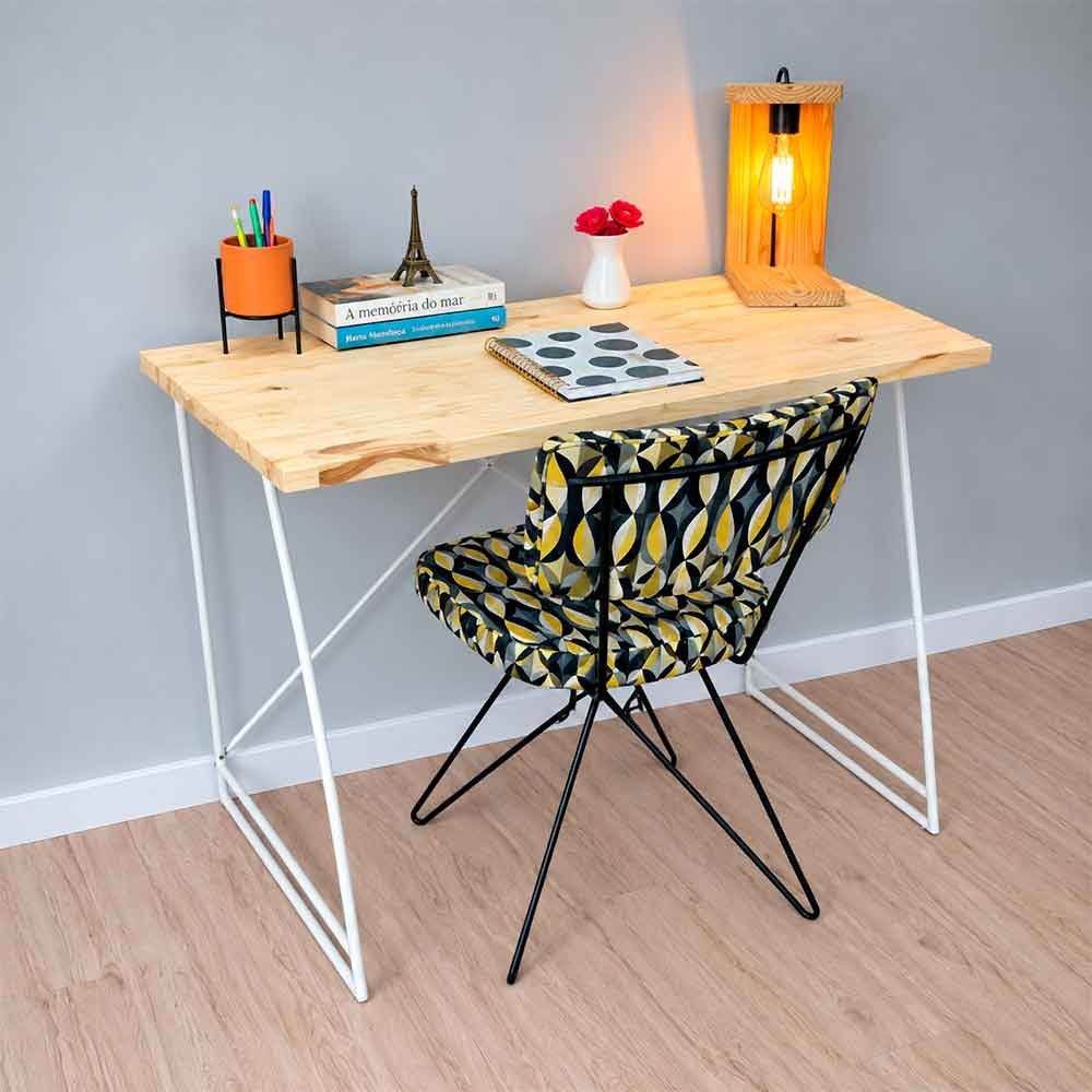 02 mesa de escritorio industrial de ferro e madeira natural e branco